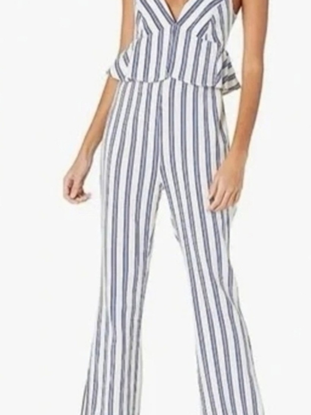 BCBGeneration Striped Peplum Striped V-Neck Wide-Leg Jumpsuit - Blue/White